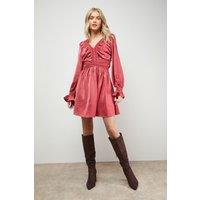Oasis Women's Lace Trim Gathered V Neck Mini Dress in Rose | Size: 14