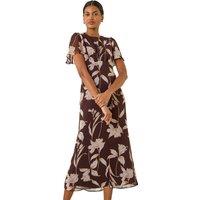 Roman Women's Floral Print Flutter Sleeve Midi Dress in Chocolate | Size: 12