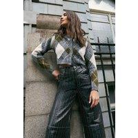 NastyGal Women's Pinstripe Embroidered Faux Leather Slouch Pant in Black | Size: 8