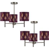 First Choice Lighting Set of 2 Brea - Antique Brass 3 Light Fittings with Burgundy Shades in Bronze