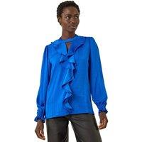 Roman Women's Ruffle Front Keyhole Satin Top in Royal | Size: 12
