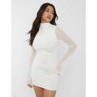 Public Desire Women's Mesh High Neck Long Sleeve Mini Dress White in Brown | Size: 8