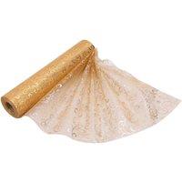 Neel Blue 25m x 29cm Organza Roll Sparkle Snow Sheer Glitter Fabric with Flocked Swirl Design in Gold | Size: 25m x 29 cm