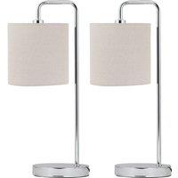 First Choice Lighting Set of 2 Arched Table Lamps with Natural Linen Shades in Silver