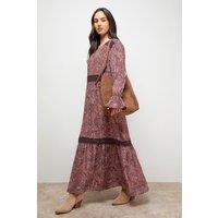 Oasis Women's Printed lace Detail Chiffon V Neck Midaxi Dress | Size: 14