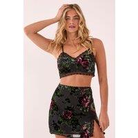 NastyGal Women's Floral Devore Lace Trim Bralette Co-ord in Green | Size: 8