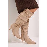 Dorothy Perkins Women's Wide Fit Khloe Faux Suede Kitten Heel Knee High Ruched Boots in Beige | Size: 4