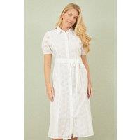 Yumi Women's White Cotton Broderie Anglaise Midi Shirt Dress | Size: 16