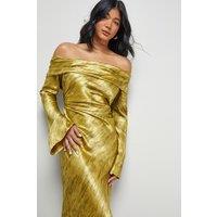 Warehouse Women's Shimmer Satin Foldover Bardot Bias Midi Dress in Gold | Size: 12