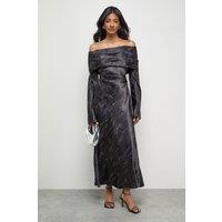 Warehouse Women's Shimmer Satin Foldover Bardot Bias Midi Dress in Black | Size: 12
