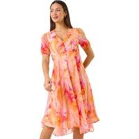 Roman Women's Abstract Floral Print Hanky Hem Dress in Orange | Size: 18