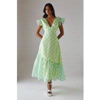 Warehouse Women's Check Organza Plunge Neck Frill Shoulder Midi Dress | Size: 10