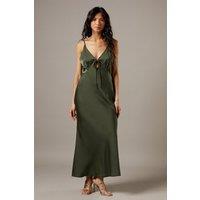 Warehouse Women's Satin Strappy Tie Front Maxi Slip Dress in Dark Olive | Size: 18