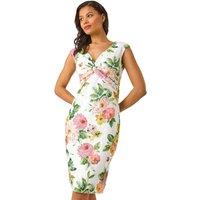 Roman Women's Rose Print Lace Knot Stretch Dress in Peach | Size: 20