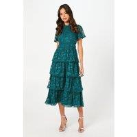 Coast Women's Petite Tiered Lace Dress With Flutter Sleeve & Trims in Dark Green | Size: 8