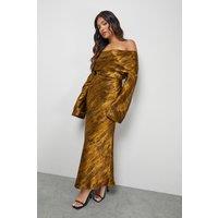 Warehouse Women's Petite Shimmer Satin Foldover Bardot Bias Midi Dress in Chocolate | Size: 8