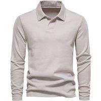 MODISHION Men's Solid Cotton Long Sleeve Polo Shirt in Light Beige | Size: Medium