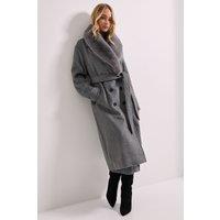 Dorothy Perkins Women's Faux Fur Collar Belted Longline Coat in Grey | Size: 12