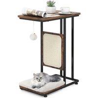 Costway C-Shaped Cat Side Table Modern Cat Tree & End Table w/ Removable Cushion in Brown