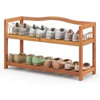 Costway 2-Tier Wood Shoe Rack Solid Shoe Storage Shelf Organizing Unit w/ Side Hooks in Light Brown