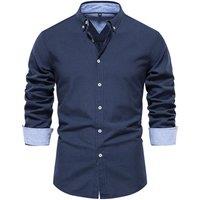 MODISHION Men's Casual Button-Down Shirt with Turn-Down Collar in Navy | Size: Medium