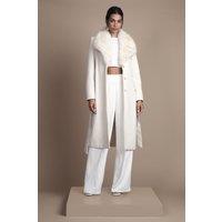 Coast Women's Ivory Faux Fur Collar Occasion Belted Midi Coat | Size: 14