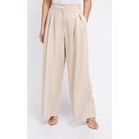 Little Mistress Women's Beige Pleat Wide Leg Trousers | Size: 12
