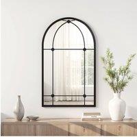 Living and Home Modern Arched Wall-mounted Metal Frame Windowpane Mirror in Black