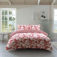 Snug City Duvet Cover & Pillowcase Set Reversible Leaf & Stripe Design Polycotton Bed Linen in Red | Size: Double