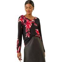 Roman Women's Floral Print V-Neck Knit Jumper in Black | Size: 12