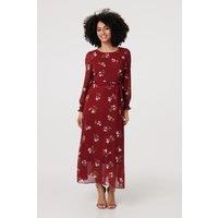 Izabel London Women's Floral Sheer Layer Tie Waist Maxi Dress in Red | Size: 18