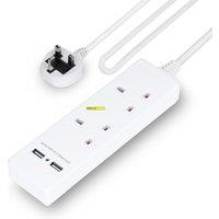Geepas 2 Gang Extension Lead, 2M Cable with 2 USB Ports in White