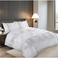 Snug City Duvet Cover & Pillowcase Set Modern Pintuck Border Pleated Bed Linen in White | Size: King