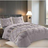 Snug City Duvet Cover & Pillowcase Set Modern Pintuck Border Pleated Bed Linen in Silver | Size: Double