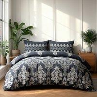 Snug City Duvet Cover & Pillowcase Set Stripe & Floral Polycotton Bed Linen in Black | Size: Single