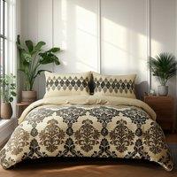 Snug City Duvet Cover & Pillowcase Set Stripe & Floral Polycotton Bed Linen in Beige | Size: Single