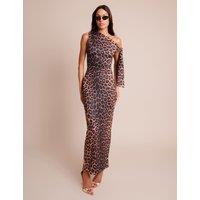 Public Desire Women's Knot Detail Asymmetric One Shoulder Luxe Slinky Maxi Dress Leopard | Size: 6