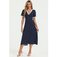 FS Collection Women's Lace Trim Dot Print Midi Dress In Navy | Size: Medium