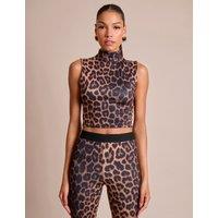 Public Desire Women's High Neck Luxe Slinky Crop Top Leopard | Size: 14