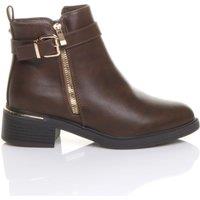 AJVANI Women's Low Heel Gold Zip Chunky Sole Buckle Ankle Boots in Brown | Size: 4