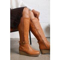 Where's That From Women's 'Regina' Wide Fit Faux Leather Knee High Wedge Boots in Tan | Size: 4E