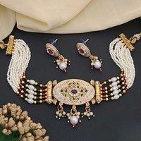 The Colourful Aura Women's Traditional Ethnic Multi Strand White Pearl Dangle Diana Choker in Gold