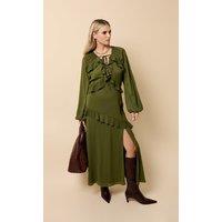 Little Mistress Women's Khaki Chiffon Ruffle Maxi Dress | Size: 16