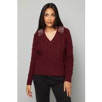 Wallis Women's Petite Cable Embellished Polo Collar Jumper in Plum | Size: Large