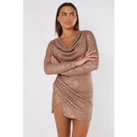 ELAINA FASHION Women's Elegant Long Sleeve Heavy Sequin Mini Dress in Bronze | Size: 6