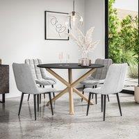 More4Homes Malvern Round Dining Table & Chairs - Black Table Top w Solid Oak Legs + Nova Velvet Dining Chair Set Of 4 in Grey
