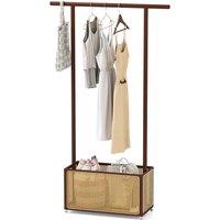 Costway Bamboo Clothes Rack Coat Hanger Stand with Rattan Storage Basket in Brown