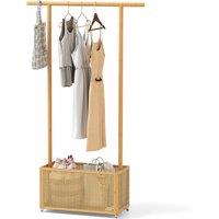 Costway Bamboo Clothes Rack Coat Hanger Stand with Rattan Storage Basket in Natural
