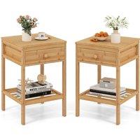 Gymax 2 PCS Bamboo Nightstand Bedside Table With Storage Drawer & Shelf in Light Khaki