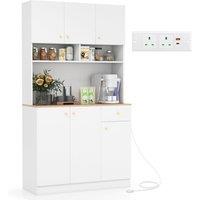 Gymax Tall Kitchen Pantry Buffet Cabinet With Outlets Adjustable Shelves in White